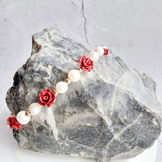 Cinnabar Red Rose Gemstone with Fresh Water Pearl Bracelet