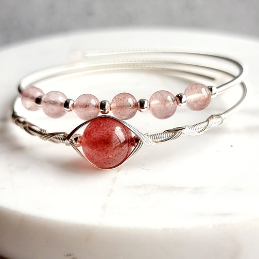 Double Wire Wrap Gemstone Bracelet - Strawberry Quartz
