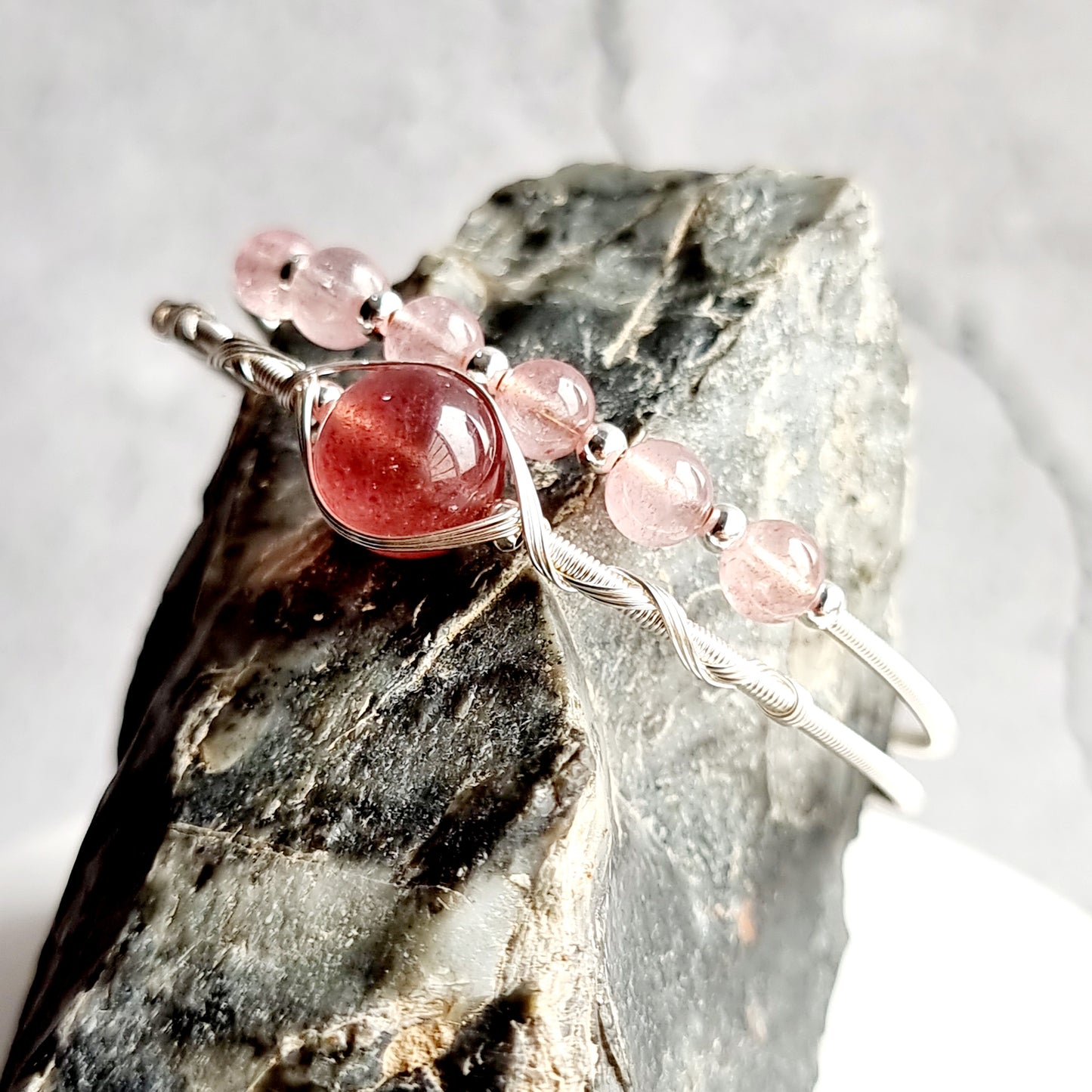 Double Wire Wrap Gemstone Bracelet - Strawberry Quartz