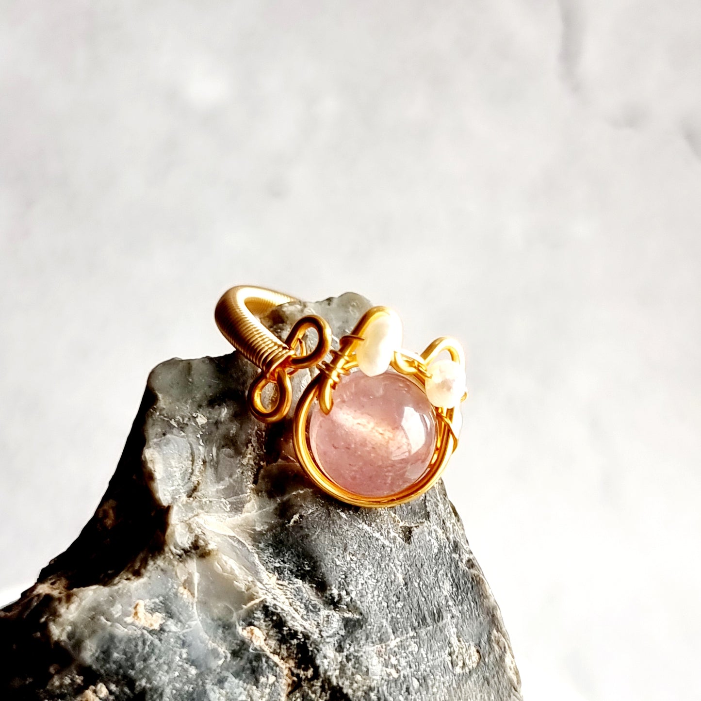 Strawberry Quartz & Fresh Water Pearl Cat Wire Wrap Ring