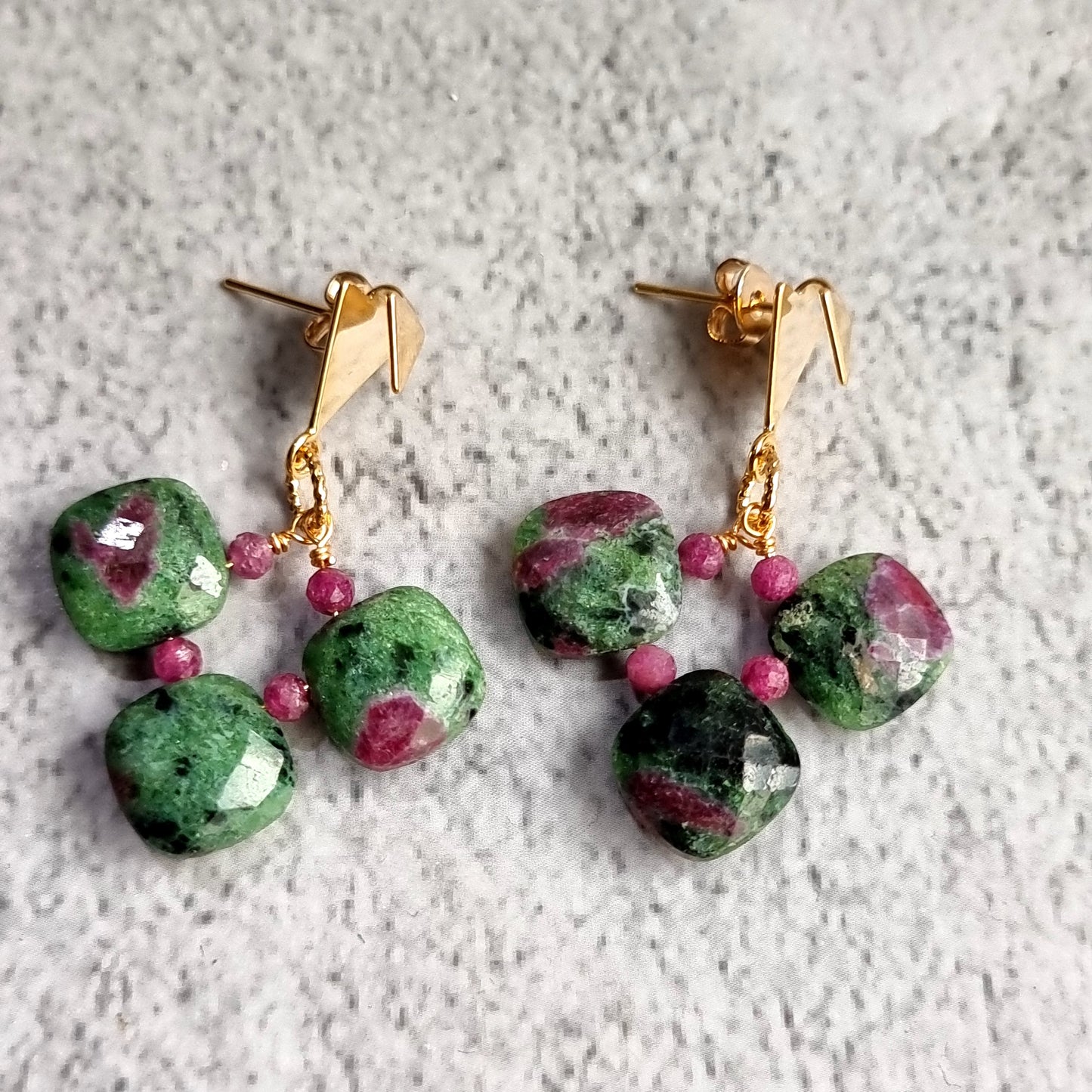 Ruby Zoisite cushions with Triangle Stud Gemstone Earrings