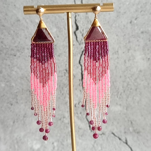 Mozambique Ruby Triangle Gemstone with Ombre Fringe Earrings