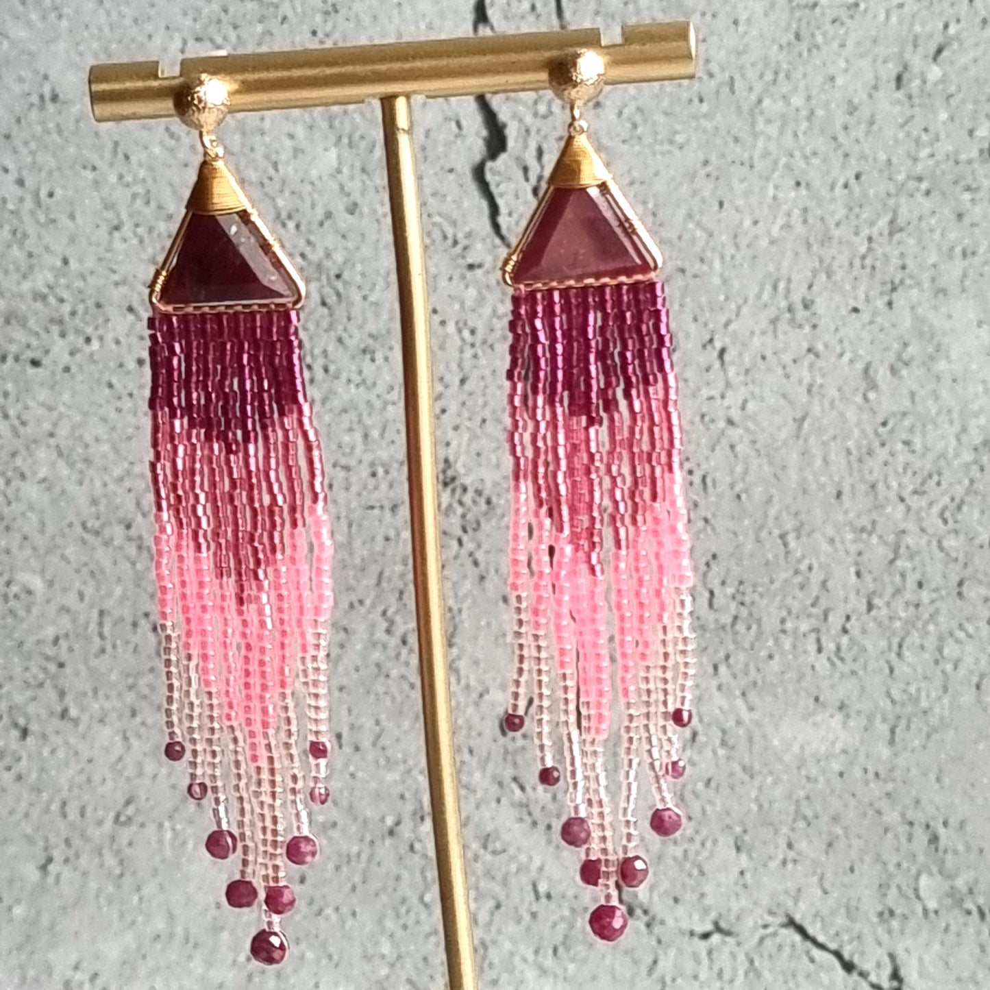 Mozambique Ruby Triangle Gemstone with Ombre Fringe Earrings