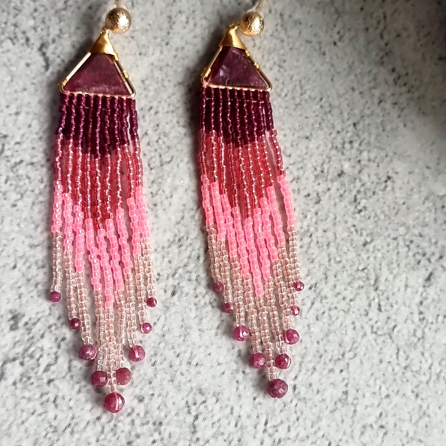 Mozambique Ruby Triangle Gemstone with Ombre Fringe Earrings