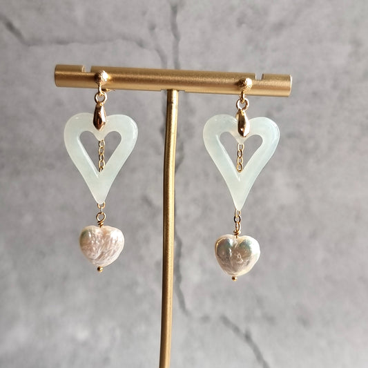 Heart Jade with Heart Fresh Water Pearl Gemstone Earrings