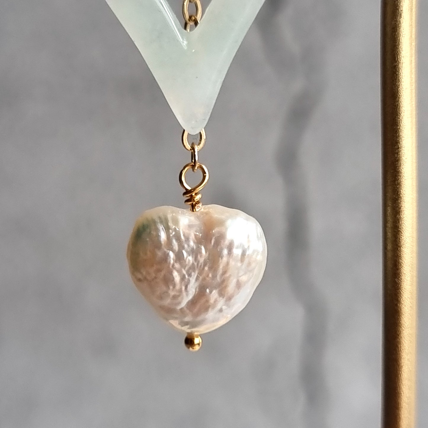 Heart Jade with Heart Fresh Water Pearl Gemstone Earrings