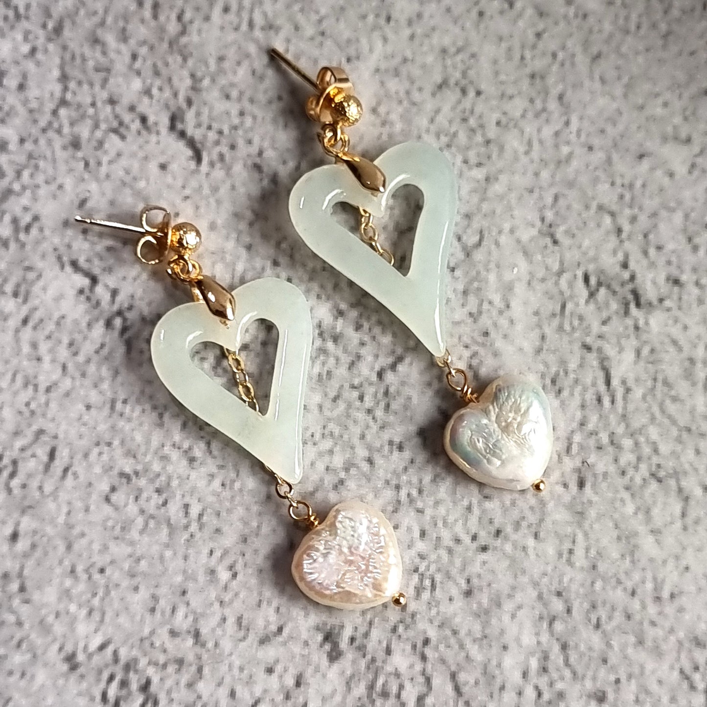 Heart Jade with Heart Fresh Water Pearl Gemstone Earrings