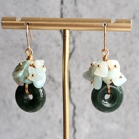 Donut Jade with cluster of Green Opal Gemstone Earrings
