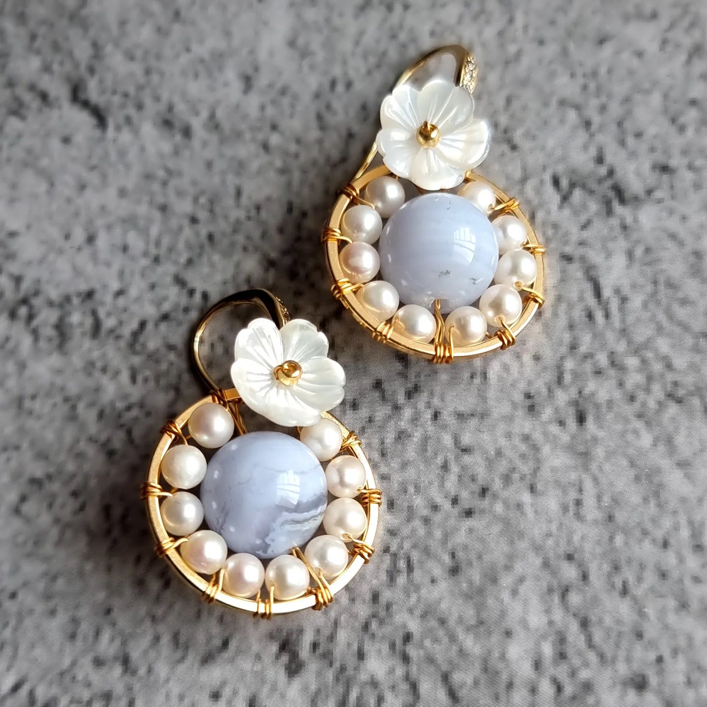 Blue Lace Agate with Fresh Water Pearl and carved mother of Pearl Earrings Woskhop