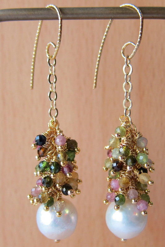 Edison Baroque Pearl with multi tourmaline cluster Earrings