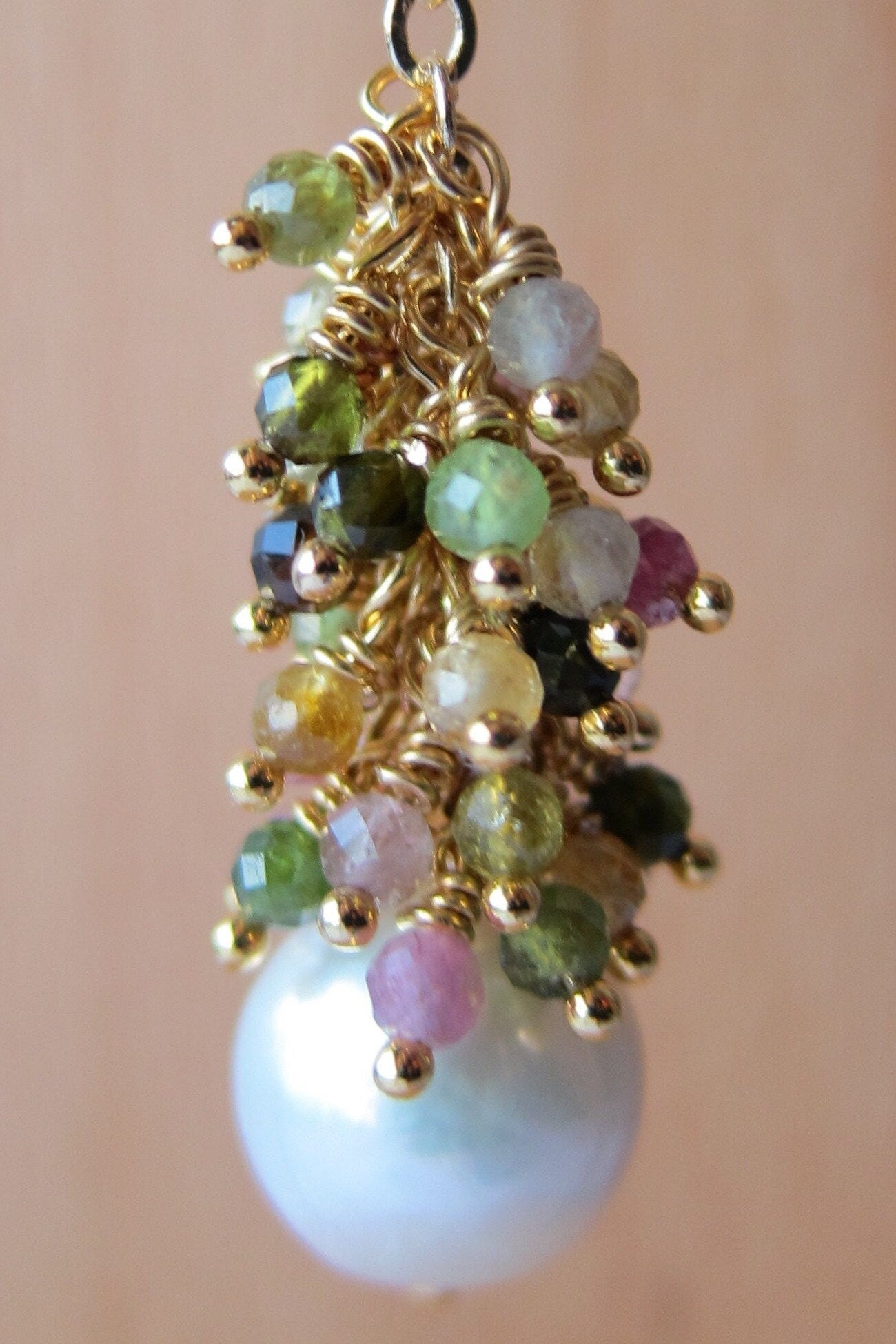 Edison Baroque Pearl with multi tourmaline cluster Earrings