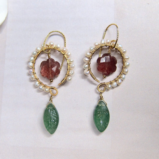 Flower & Leaf with fresh water pearl gemstone earrings