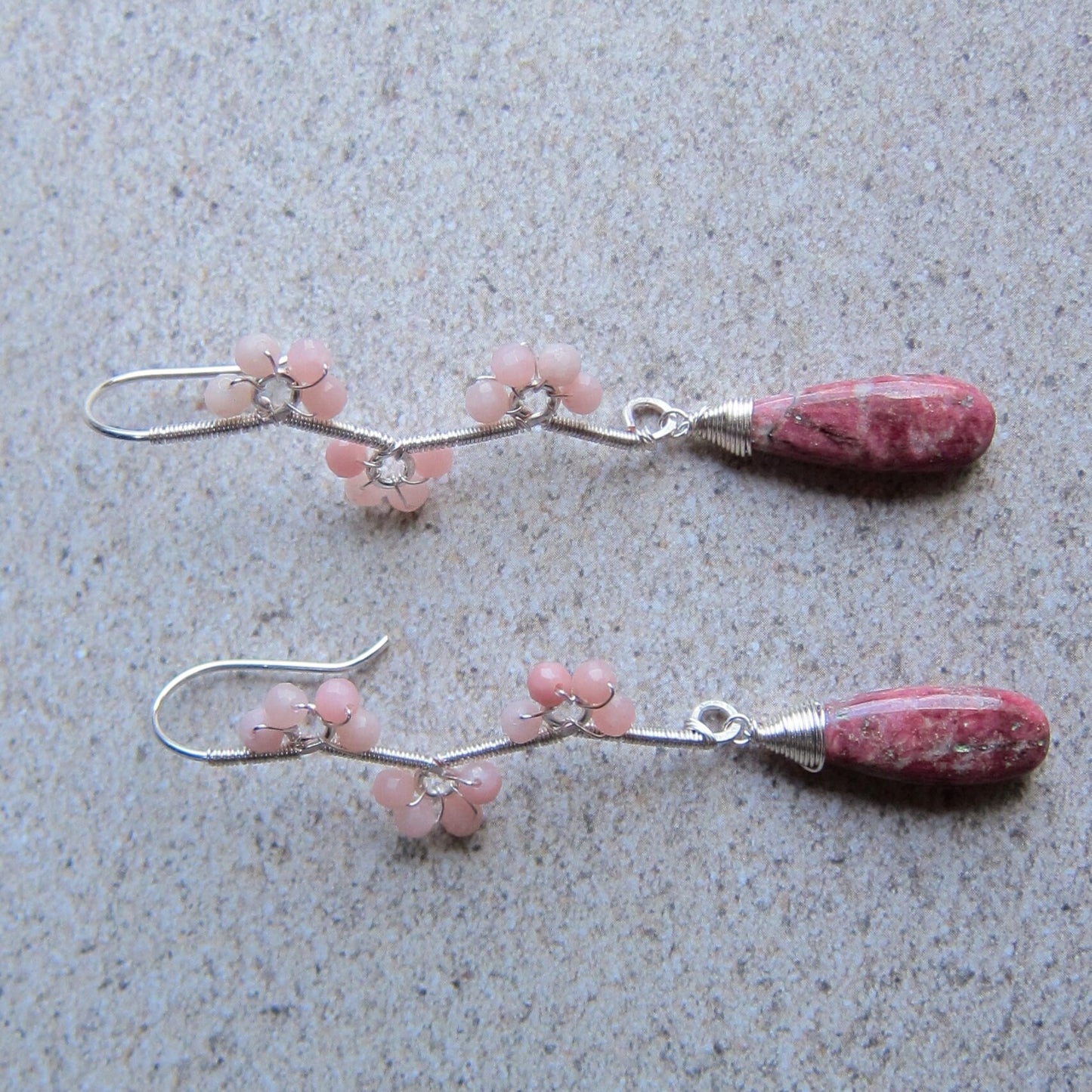 Thulite with pink opal vine earrings