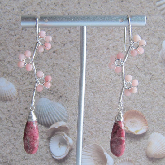Thulite with pink opal vine earrings