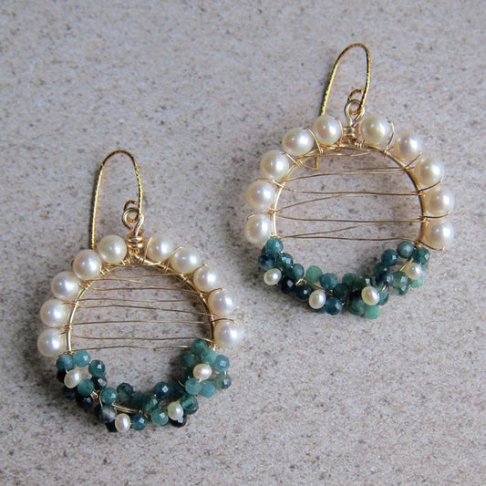 Blue Tourmaline Cluster Fresh Water Pearl Hoop Earrings