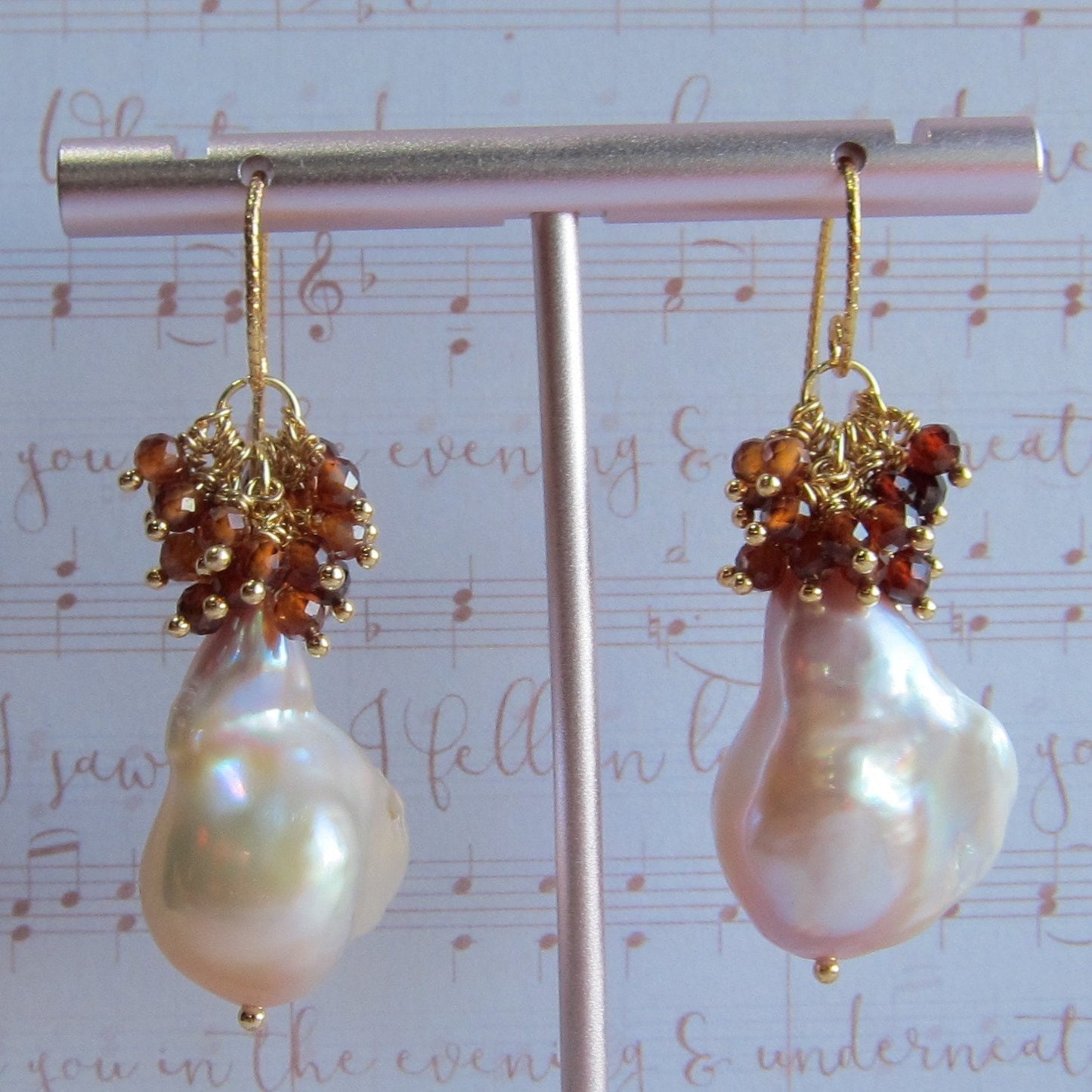 Baroque Pearl with Orange Garnet Cluster Earrings