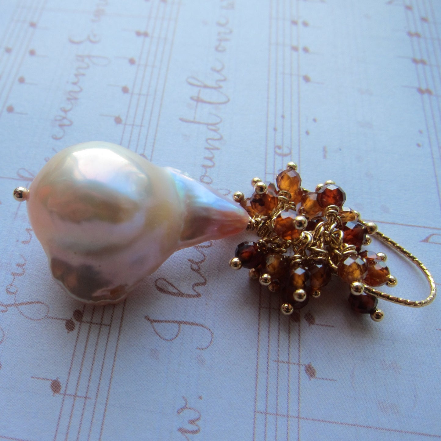 Baroque Pearl with Orange Garnet Cluster Earrings