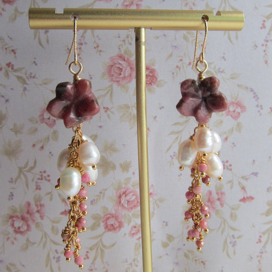 Rhodonite & Fresh Water Pearl Earrings