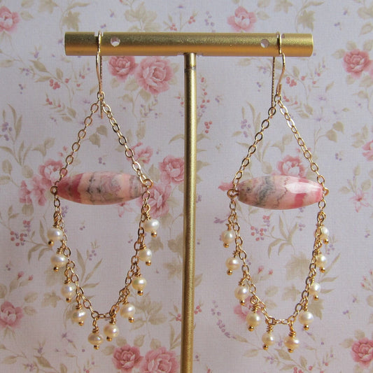 Rhodochrosite with fresh water pearl gemstone chandelier earrings
