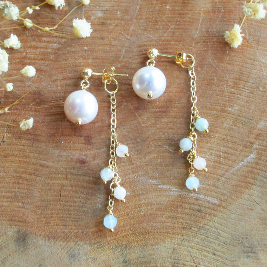 Gemstone with Fresh Water Pearl Dange Earrings- Morganite