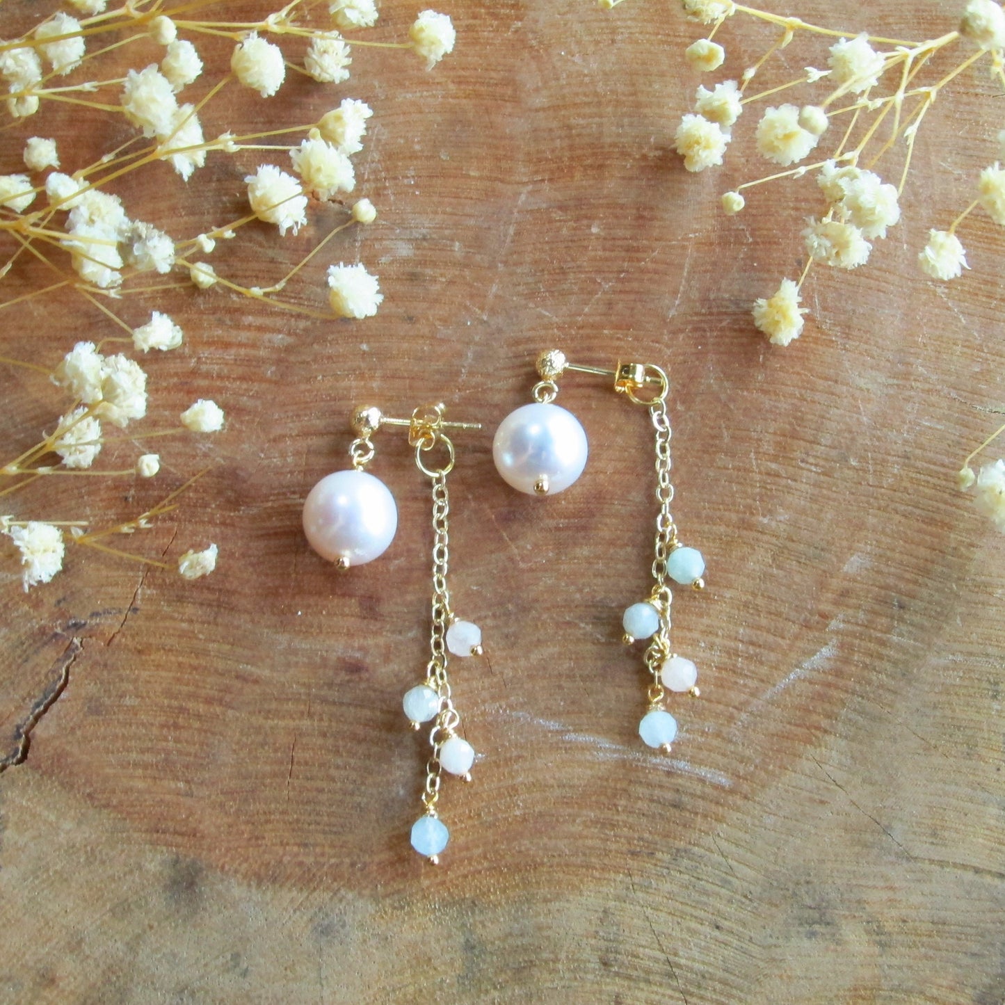 Gemstone with Fresh Water Pearl Dange Earrings- Morganite