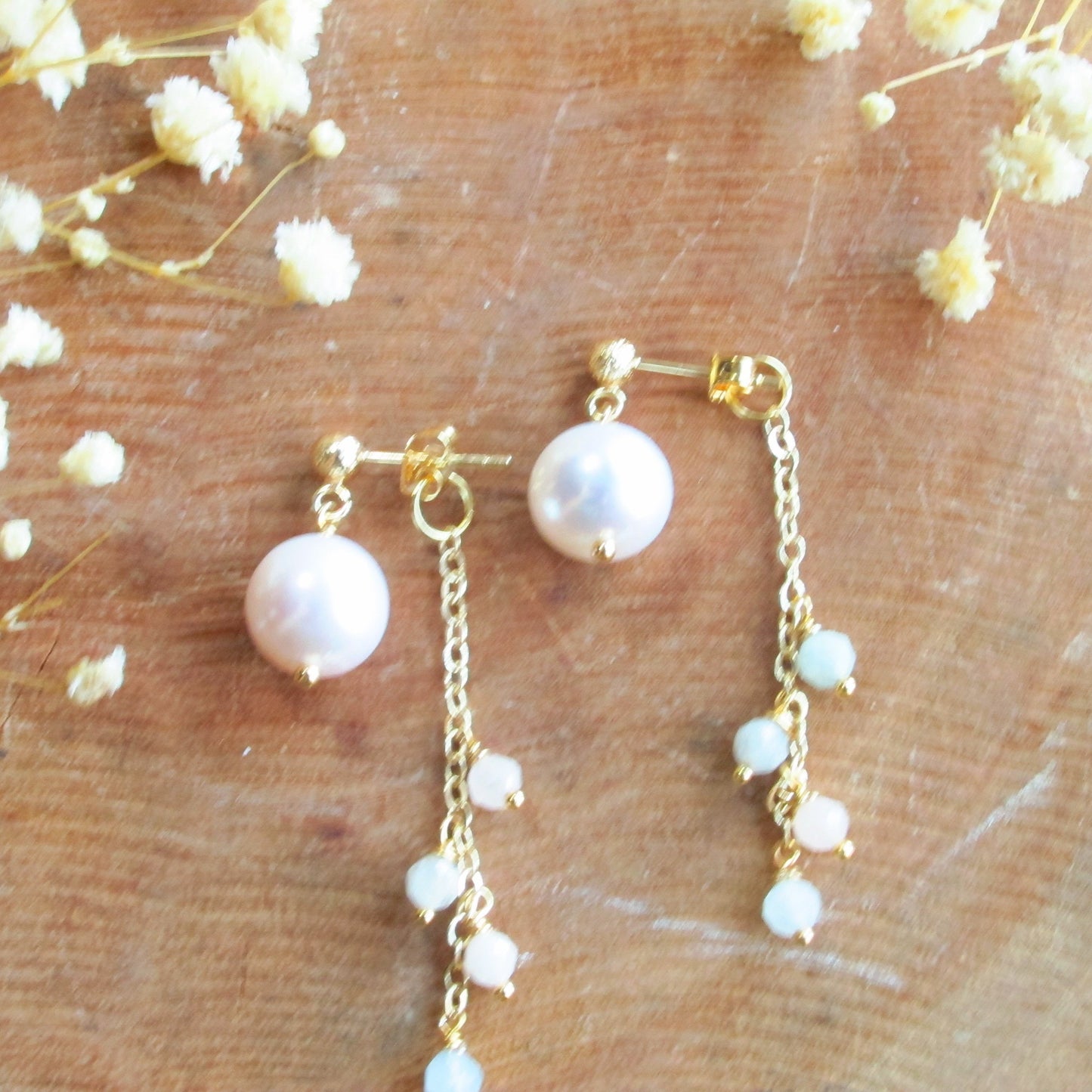 Gemstone with Fresh Water Pearl Dange Earrings- Morganite