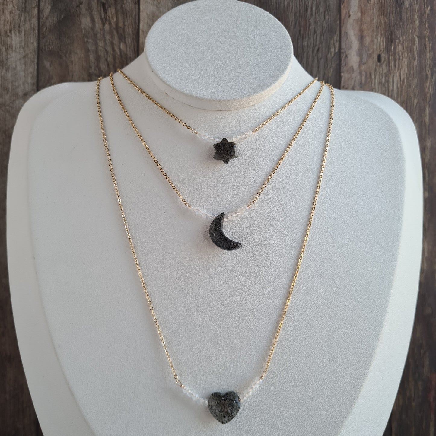 Star, Moon, Heart Multi Layered Gemstone Necklace - Black Sunstone & Rainbow Moonstone