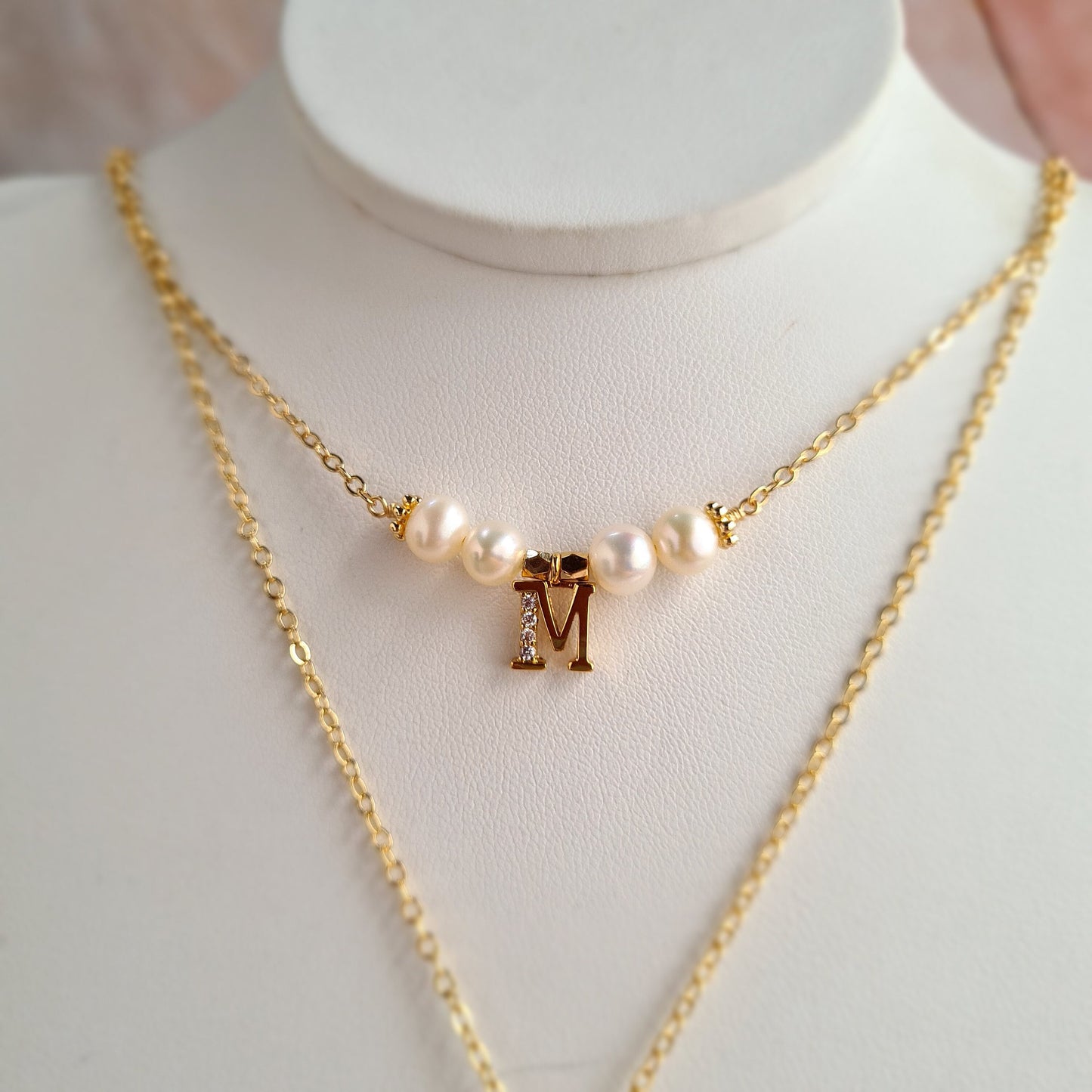 Double layer Monogram Fresh Water Pearl Necklace