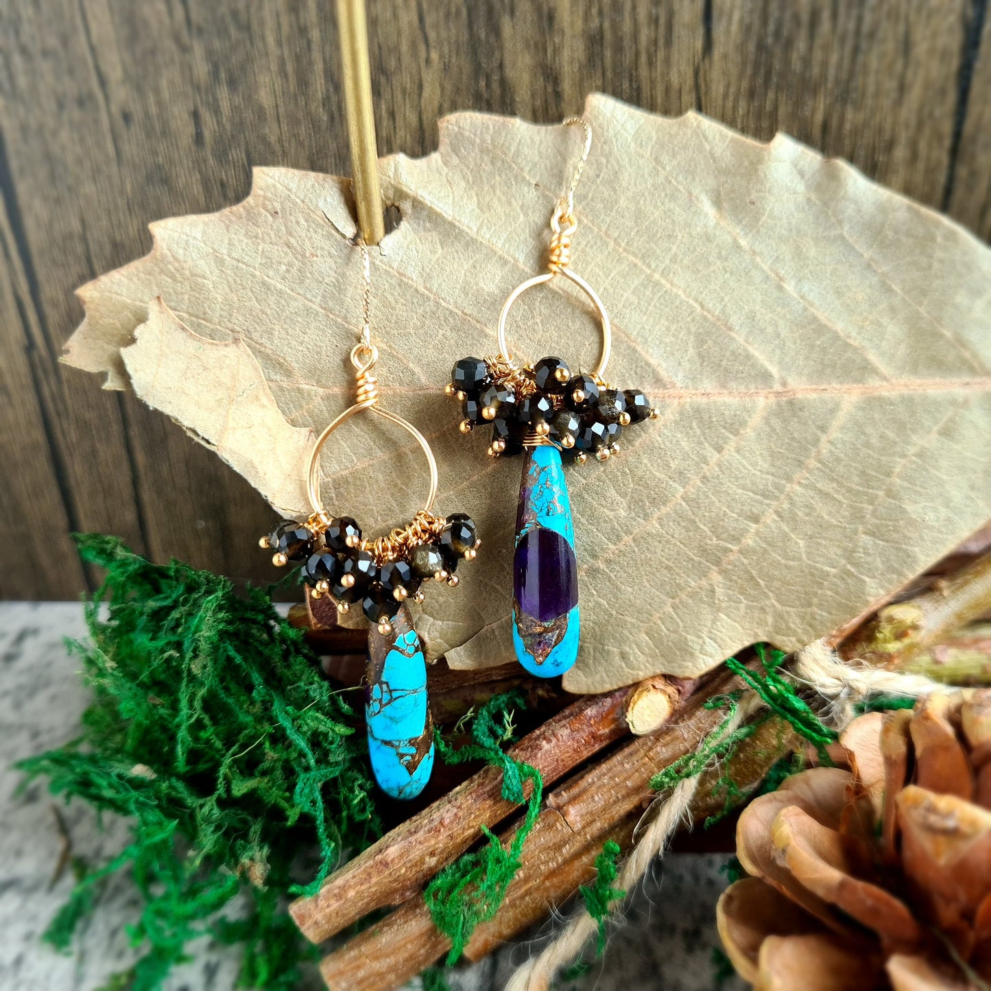Turquoise Copper with Golden Obsidian Gemstone Earrings