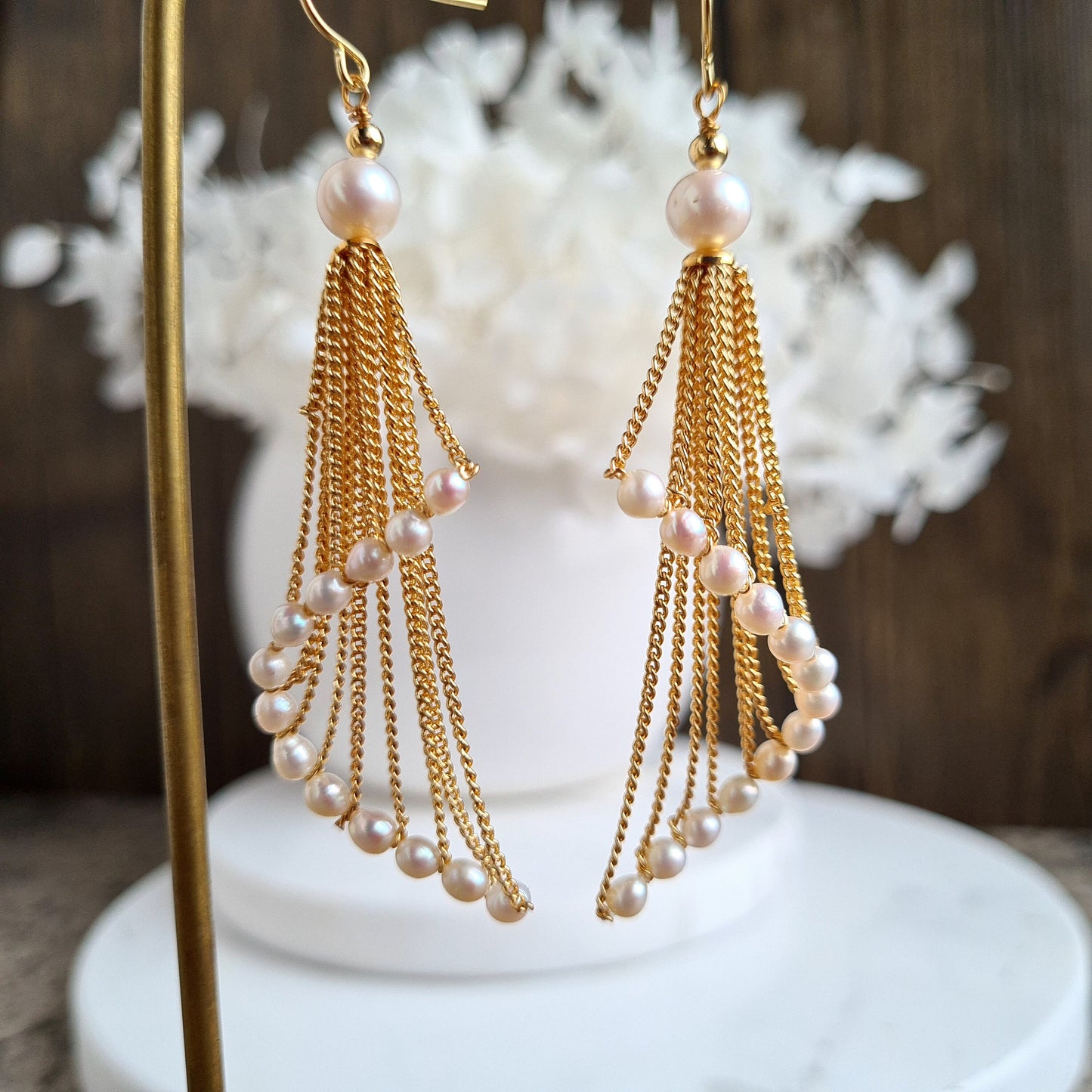 Fresh Water Pearl with Swirl Chain Tassel Earrings