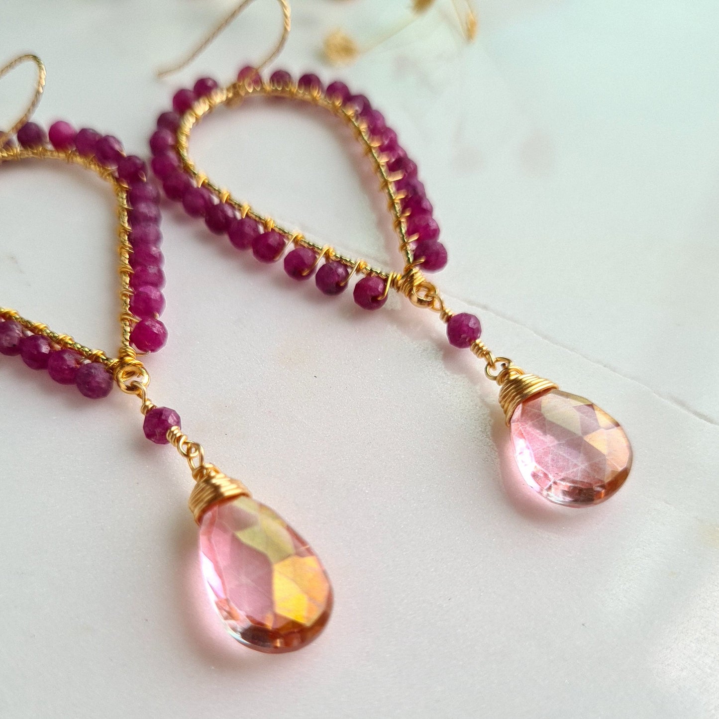 Inverted Tear Drop Gemstone Earrings - Pink Mystic Coated Quartz with Ruby