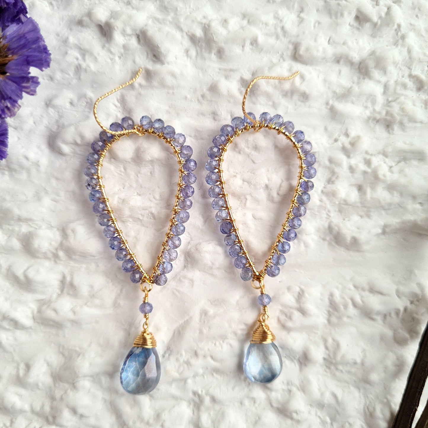 Inverted Tear Drop Gemstone Earrings - Blue Mystic Coated Quartz with Tanzanite