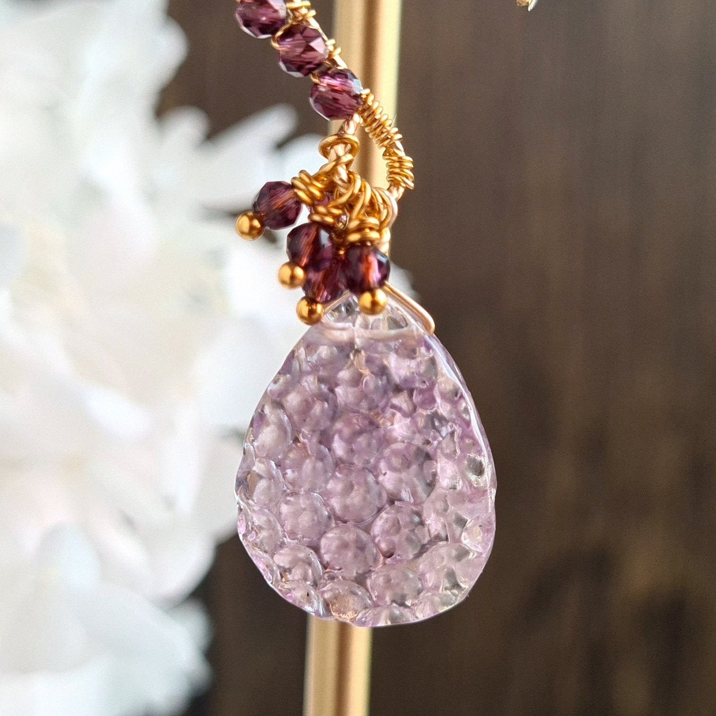 Honeycomb Carved Gemstone Cluster Earrings - Pink Amethyst