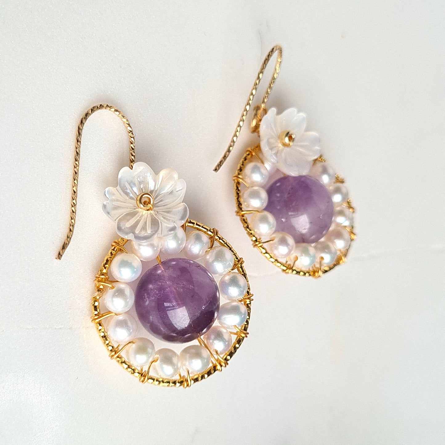 Round Fresh Water Pearl with Amethyst Gemstone & Flower Mother Of Pearl Earrings