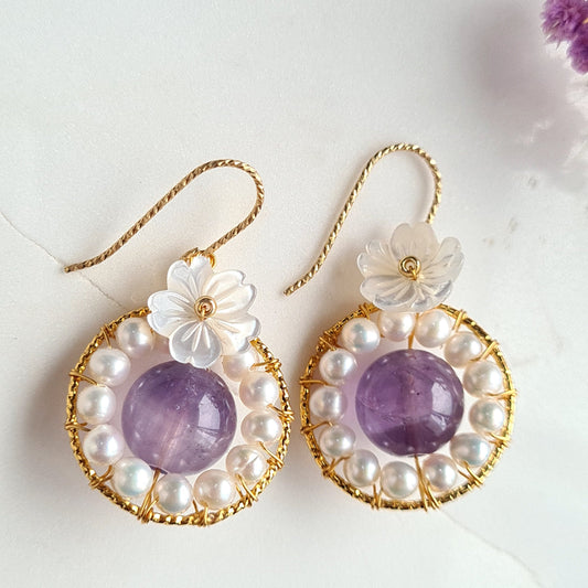 Round Fresh Water Pearl with Amethyst Gemstone & Flower Mother Of Pearl Earrings