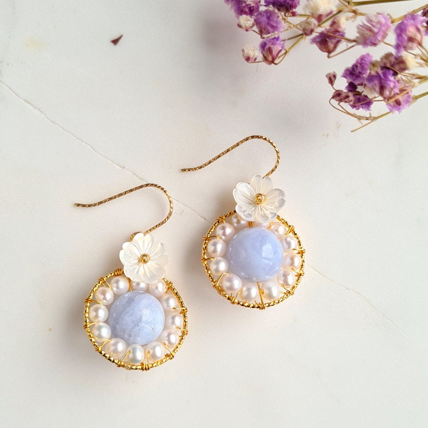 Round Fresh Water Pearl with Blue Lace Agate Gemstone & Flower Mother Of Pearl Earrings