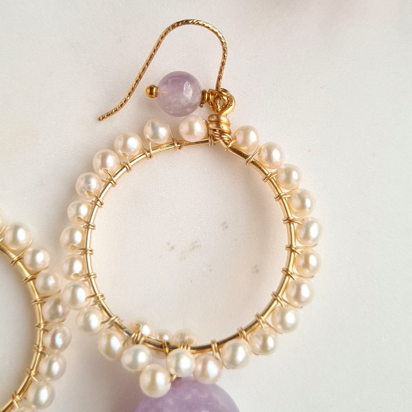 Round Fresh Water Pearl with Amethyst Gemstone Earrings