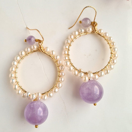 Round Fresh Water Pearl with Amethyst Gemstone Earrings