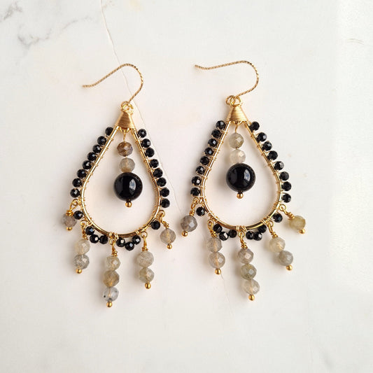 Chandelier Gemstone with Black Onyx & Labradorite Earrings