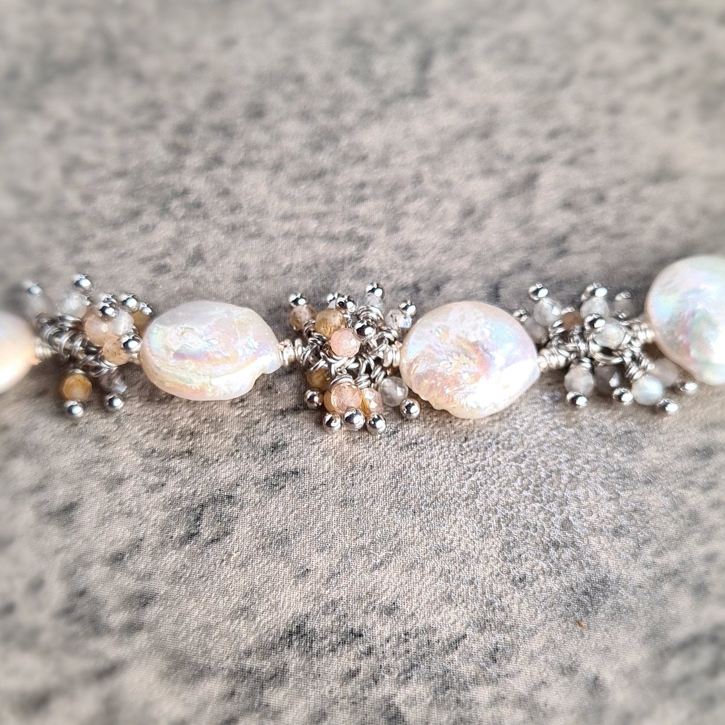 Small Fresh Water Coin Pearl with multi shaded moonstone cluster Bracelet