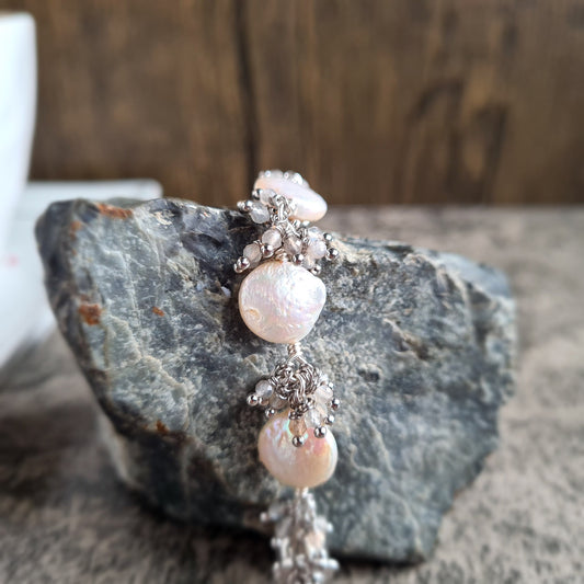 Small Fresh Water Coin Pearl with multi shaded moonstone cluster Bracelet