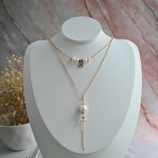 Double layer Monogram Fresh Water Pearl Necklace