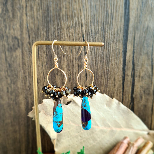 Turquoise Copper with Golden Obsidian Gemstone Earrings