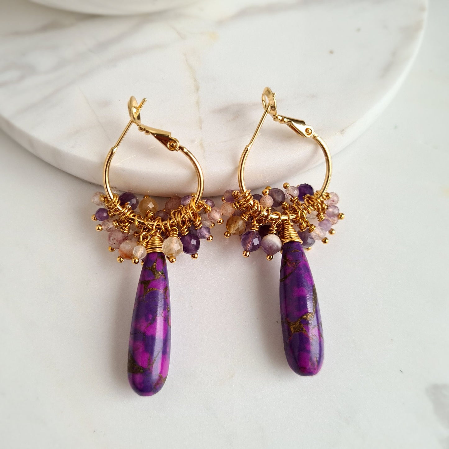 Turquoise Copper (purple pink) with Super Seven Gemstone Earrings