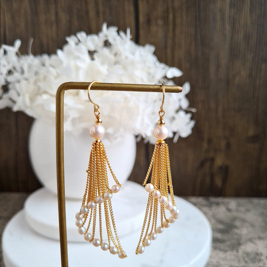 Fresh Water Pearl with Swirl Chain Tassel Earrings