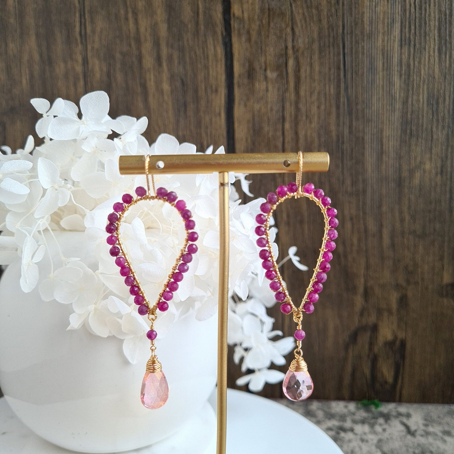 Inverted Tear Drop Gemstone Earrings - Pink Mystic Coated Quartz with Ruby