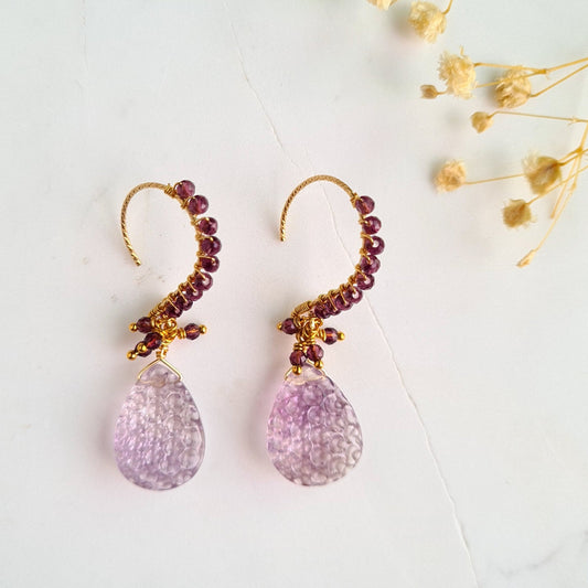 Honeycomb Carved Gemstone Cluster Earrings - Pink Amethyst