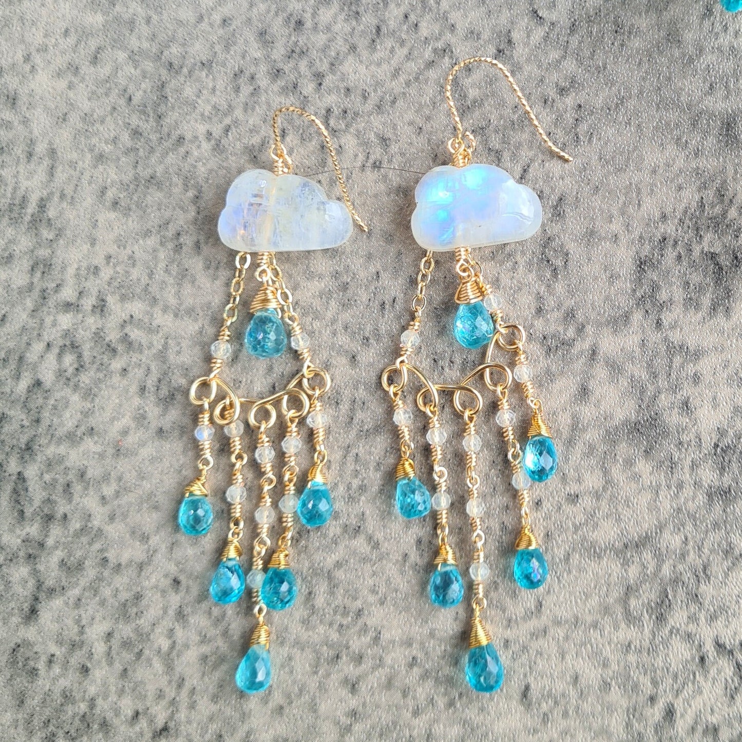 The Cloud and The rain Rainbow Moonstone with Blue Apatite Gemstone Earrings
