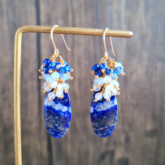 Lapis Lazuli with rainbow moonstone, aquamarine and kyanite gemstone cluster earrings