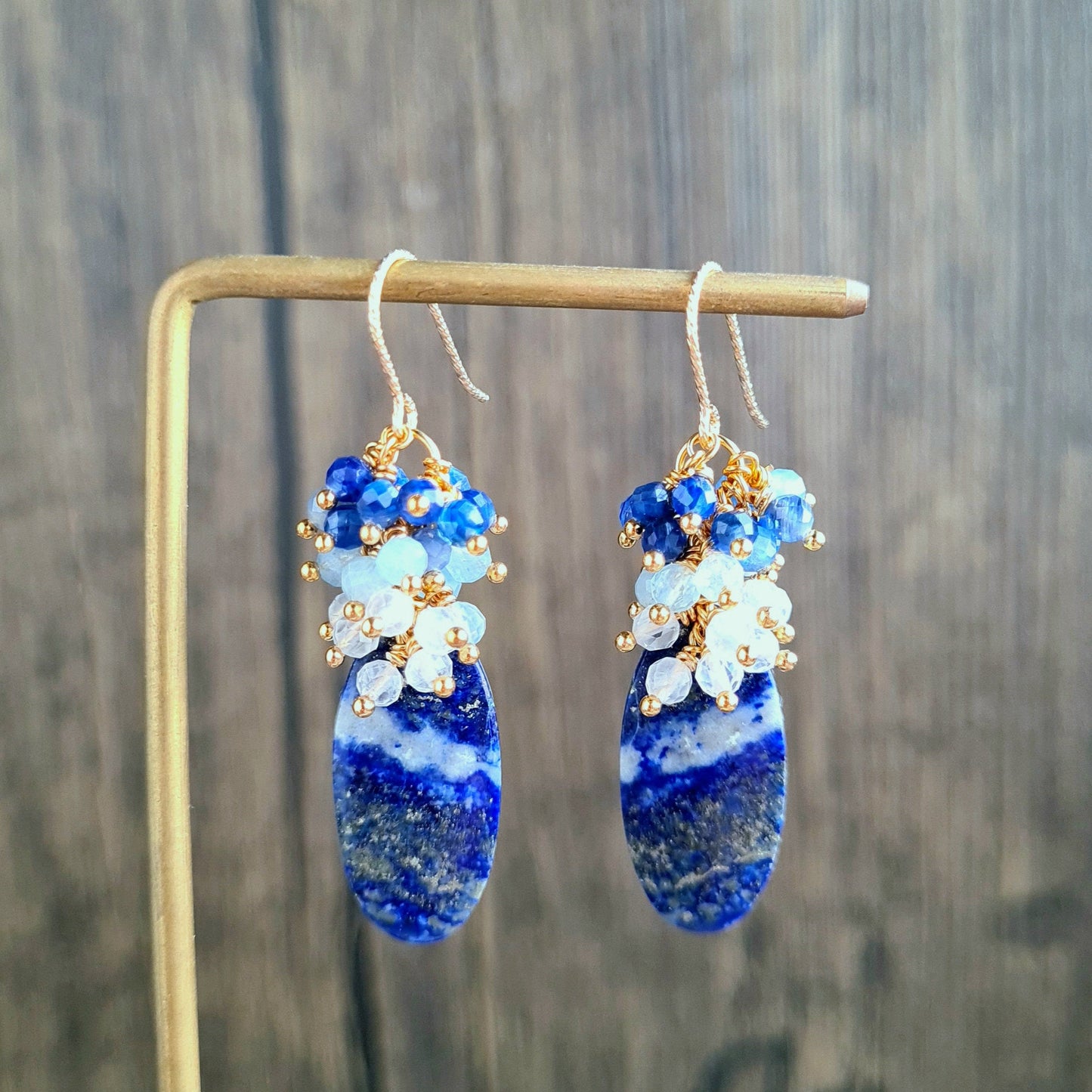 Lapis Lazuli with rainbow moonstone, aquamarine and kyanite gemstone cluster earrings
